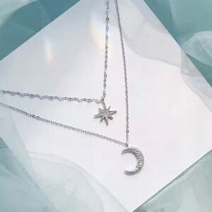 Simple Double Layer Star Moon Charm Necklace Delicate  Chain Zircon Necklace